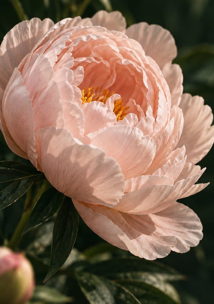 Peônia rosa-salmão com miolo amarelo sobre folhas escuras