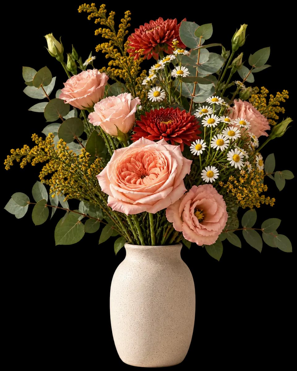 Buquê de rosas, crisântemo, margaridas e solidago num vaso, saindo da tela do editor